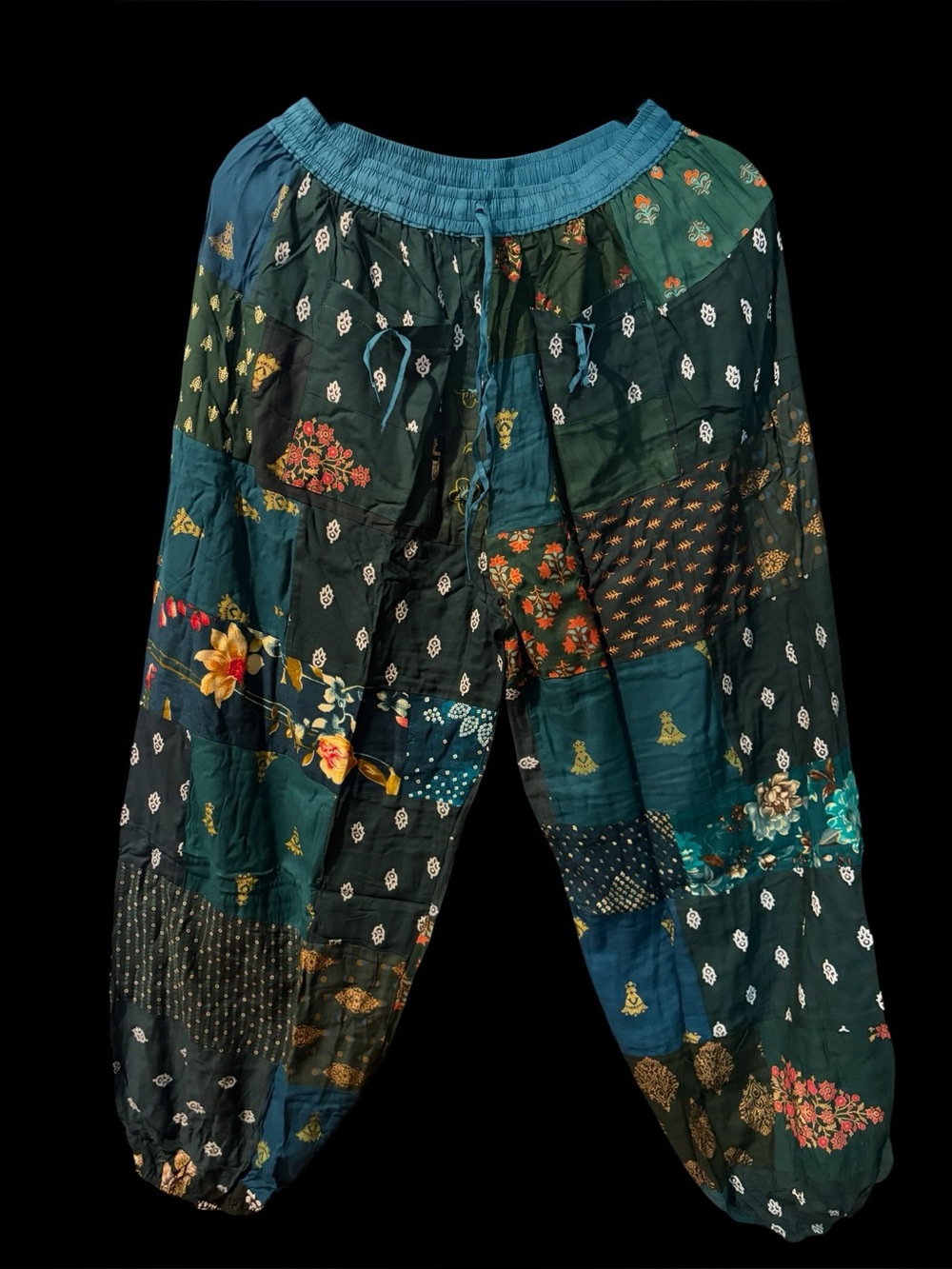 Teal #1 NWT 100% rayon patchwork jogger bottom pants